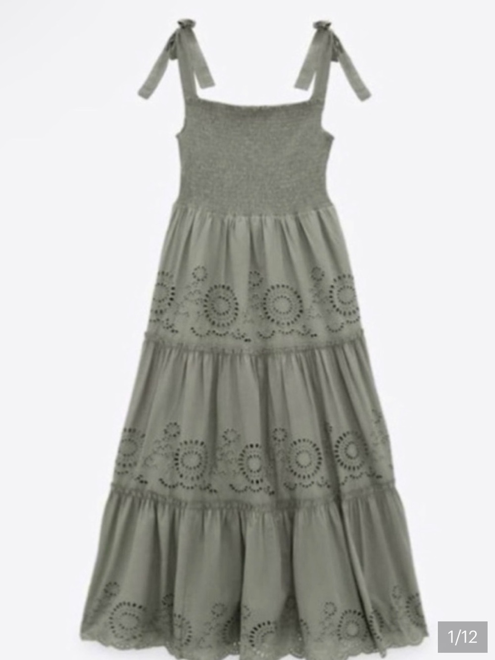 Zara Smocked Eyelet Tiered Maxi Dress - Olive Green - Picture 2 of 6